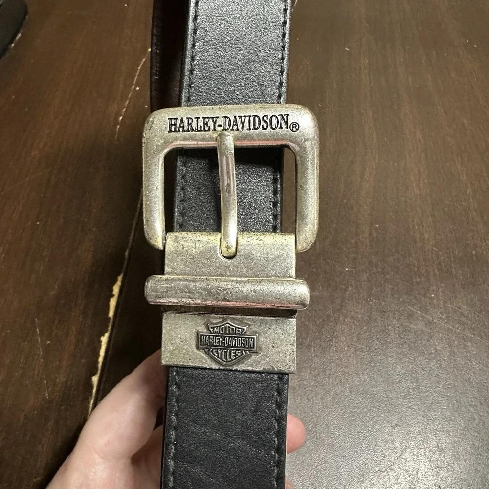 Vintage Harley-Davidson Black Leather Belt Antique Silver Buckle Mens 37